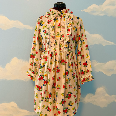 Vintage 1970s Floral Ruffle Button Up Dress Sz m