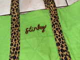 Green Leopard Tilly Tote Bag with “Stinky” Hand Embroidered