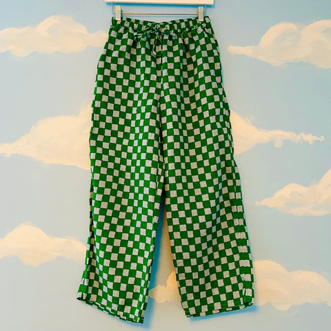 Lisa Says Gah Green Checkered Linen Resort Pants Sz M