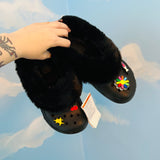 NWT Black Furry Crocs with Jibbitz Sz 8