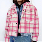 Zara Cropped Pink Plaid Shacket Shirt Jacket Sz M