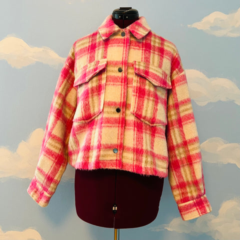 Zara Cropped Pink Plaid Shacket Shirt Jacket Sz M