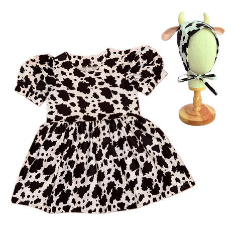 Cow Print Babydoll Dress & Bonnet (L)