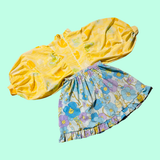 Yellow Butterflies/Blue Floral Balloon Sleeve Split Dress (M)