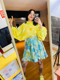 Yellow Butterflies/Blue Floral Balloon Sleeve Split Dress (M)